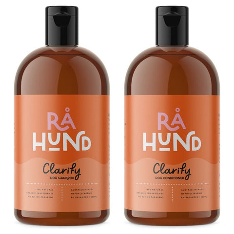 Clarify organic dog shampoo and conditioner set, amber 500ml bottles