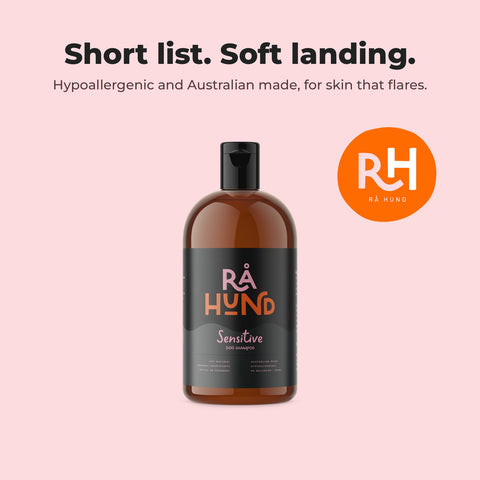 Sensitive Dog Shampoo, Manuka Honey: Australian made brand card with product.