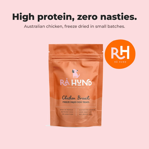 Freeze Dried Chicken Breast Treats: Australian made brand card with product.