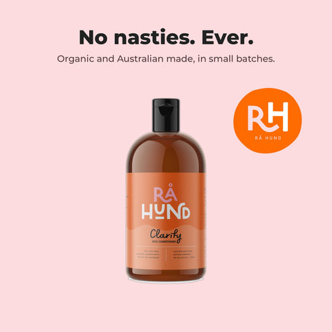 Clarify Organic Dog Conditioner: Australian made brand card with product.